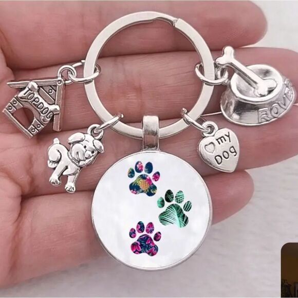 Paw Print SILVER TONE KEY Charm And RING Sz 7 - Picture 1 of 3
